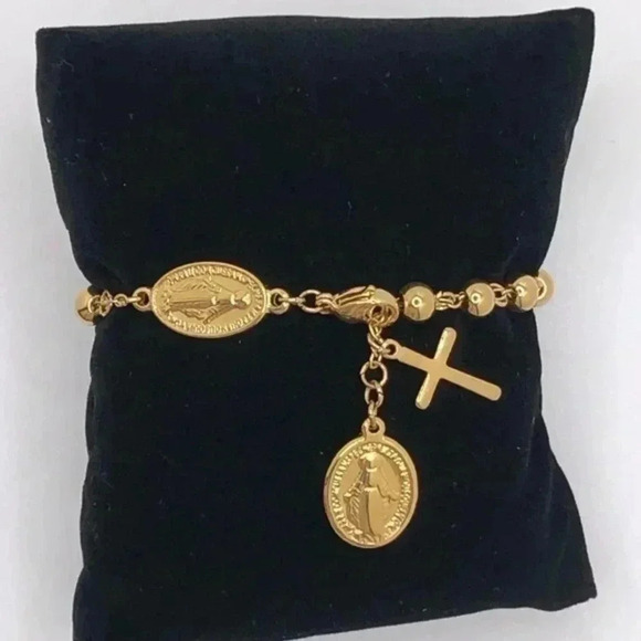 Pretty Gold Tone Stainless Steel Rosary Bracelet NWT - Picture 1 of 3